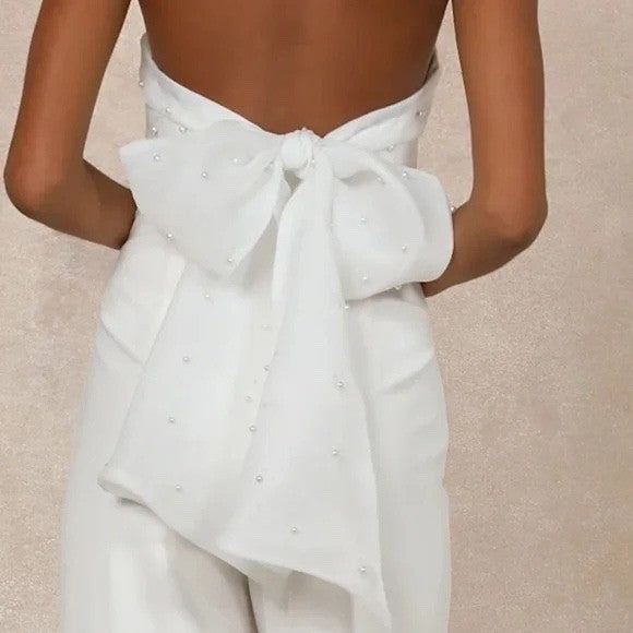 Lulus Marvelous Glow White Strapless Pearl Tie-Back Jumpsuit Size S