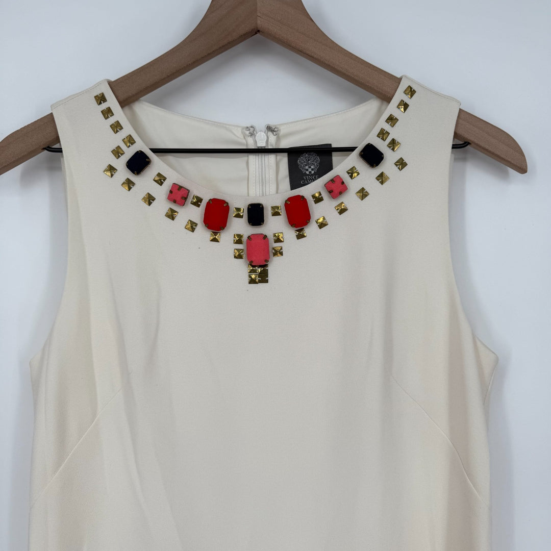 Vince Camuto Sheath Dress Womens 4 Multicolor Villa Print Lined Beaded Back Zip