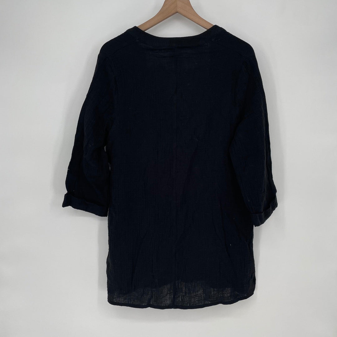 Kona Sol Womens Black V Neck Gauze Tunic Top Size S 3/4 Sleeve Pockets