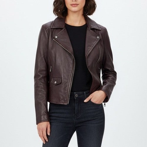 Weekend Max Mara Womens Leather Moto Jacket Burgundy Asymmetrical Zip Moto Style