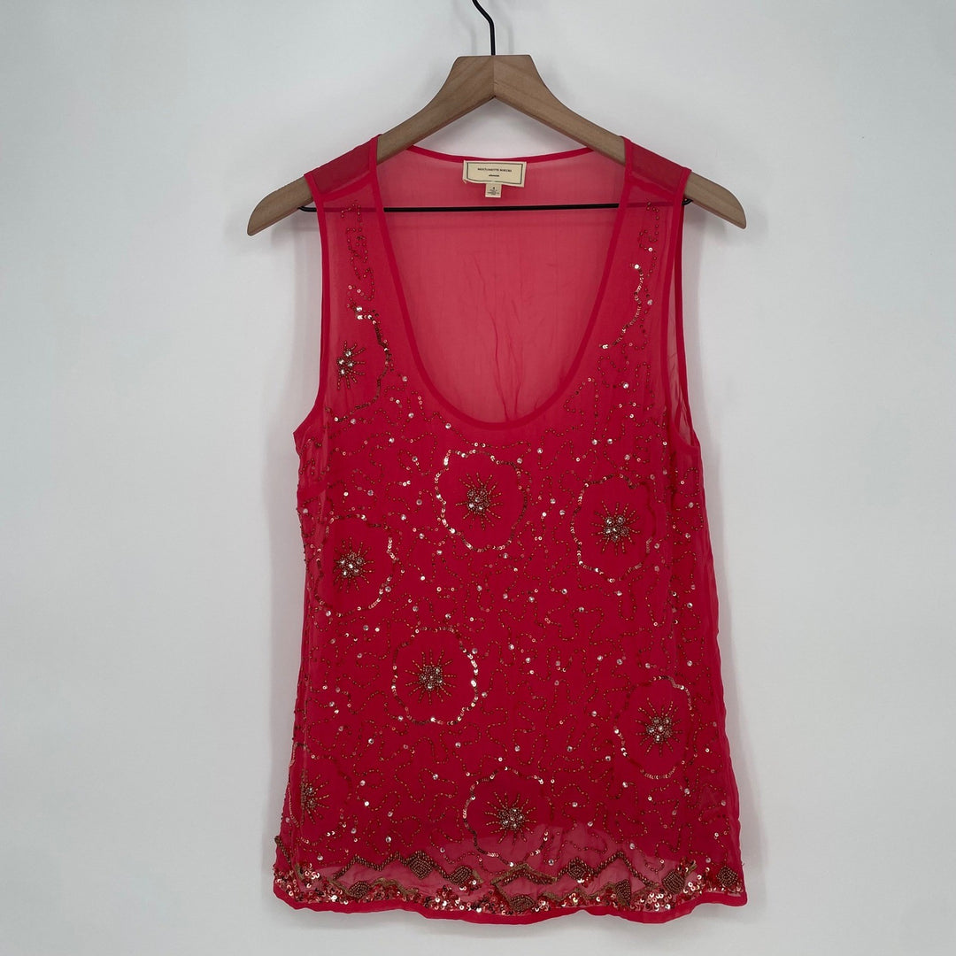 Moulinette Soeurs Beaded Tank Top Coral Pink Sheer Beaded Embellishment Size 4