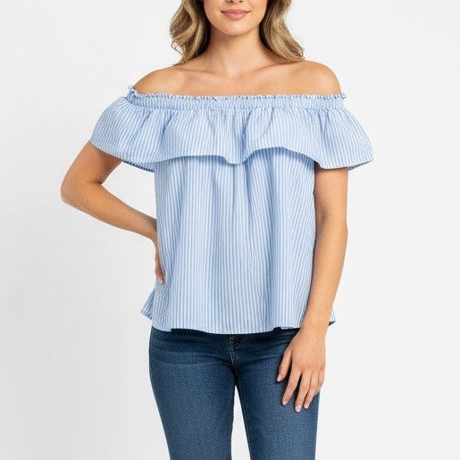 LOFT Blue White Striped Off The Shoulder Ruffle Top Size Large
