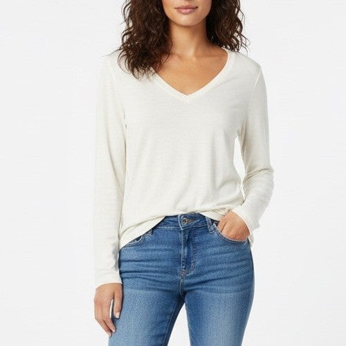 Yesics Cream V Neck Long Sleeve Basic Top Size S Rayon Spandex