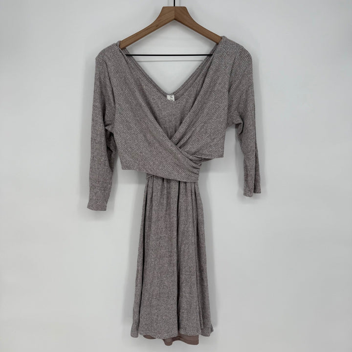 AMADI Wrap Knit Midi Dress Taupe Long Sleeve V Neck Ruched Casual Size S