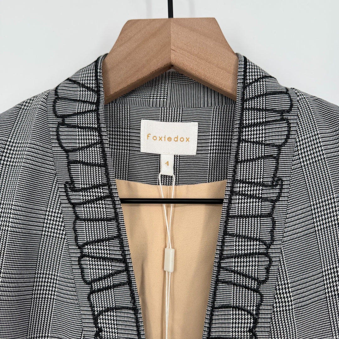 Foxiedox Blazer Jacket Womens 4 Gray Plaid Shawl Lapel Patchwork Lined Business