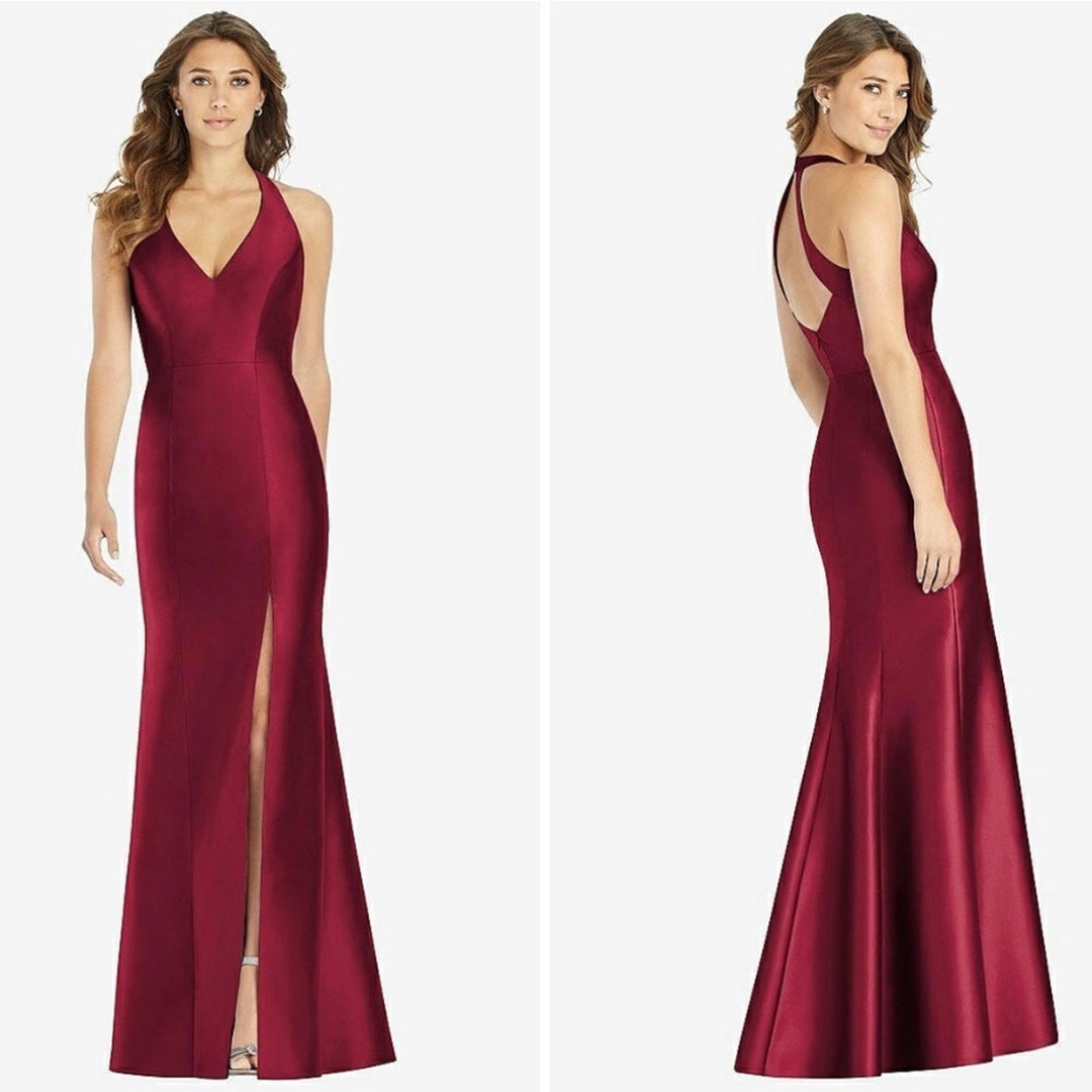 Alfred Sung V-Neck Halter Satin Trumpet Gown in Burgundy Size 2