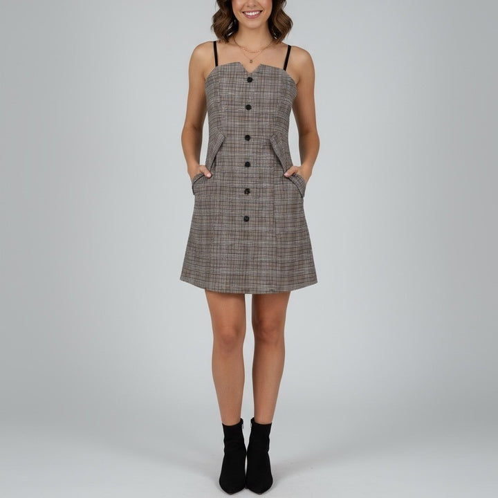 Plaid Button Front Mini Dress Sweetheart Neckline Adjustable Straps Pockets