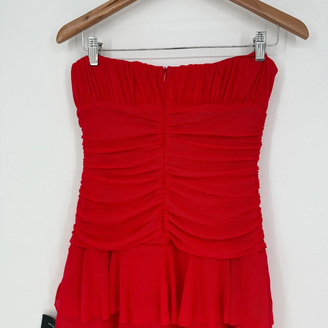 Lulus Exceptional Existence Red Mesh Ruched Tiered Maxi Dress