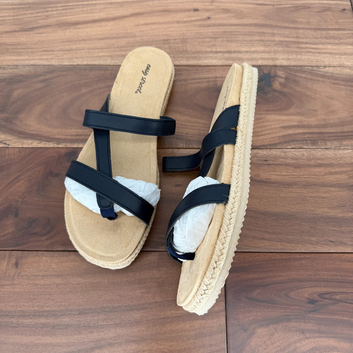 Easy Street Sandals Womens Size 9.5 N Navy Leather Song Slide Braided Slip On