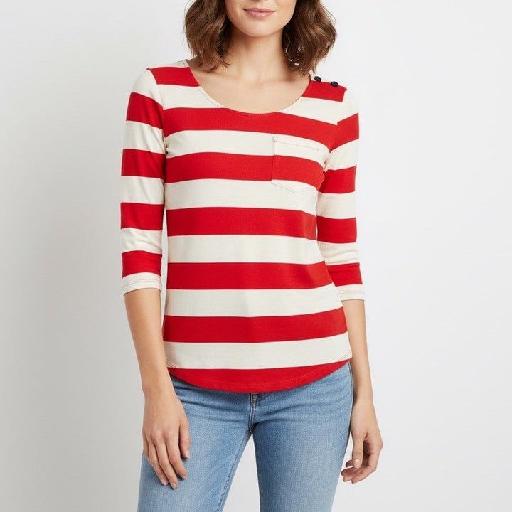 Express Red Cream Striped 3/4 Sleeve Pocket Tee Top Shirt Size SP