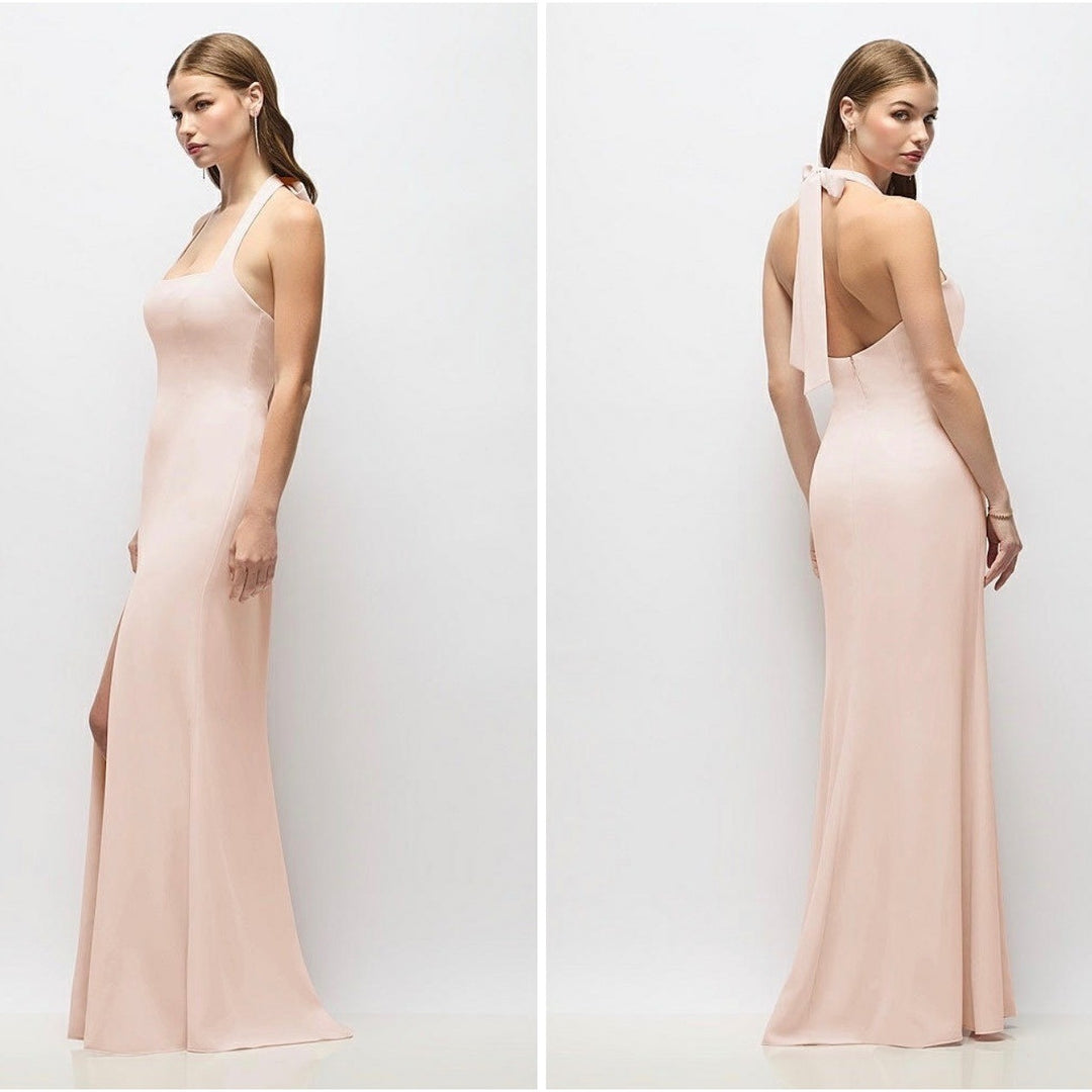 Thread Tie Halter Open Back Trumpet Gown In Cameo Size M