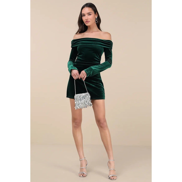 Lulus Nia Emerald Velvet Off-The-Shoulder Mini Dress Size M