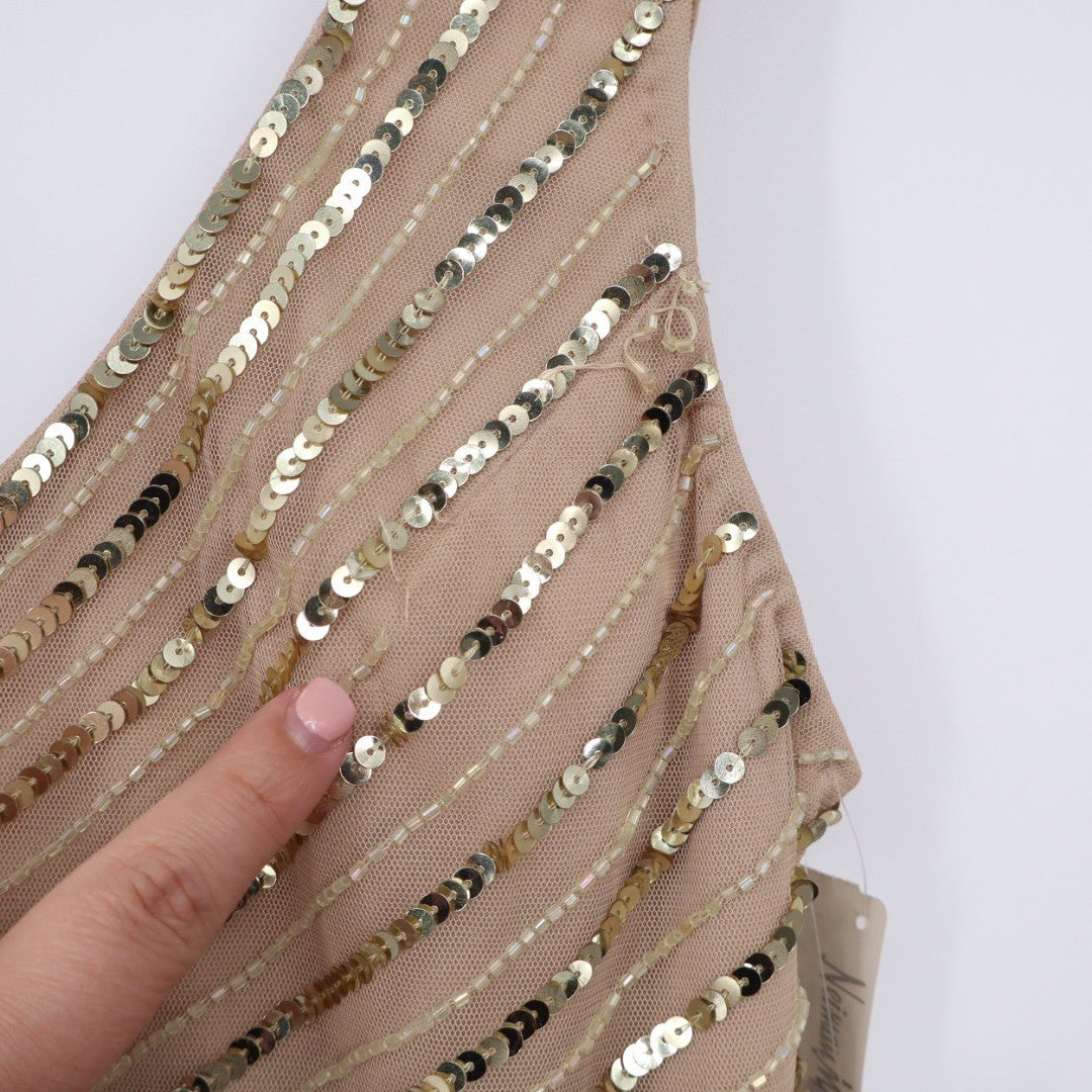 Aidan Mattox Beaded Sequin V Neck Cocktail Dress Champagne Gold Size 12