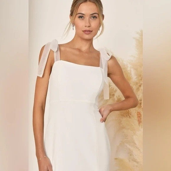 Lulus Romantic Celebration White Tie-Strap Bodycon Midi Dress Size S