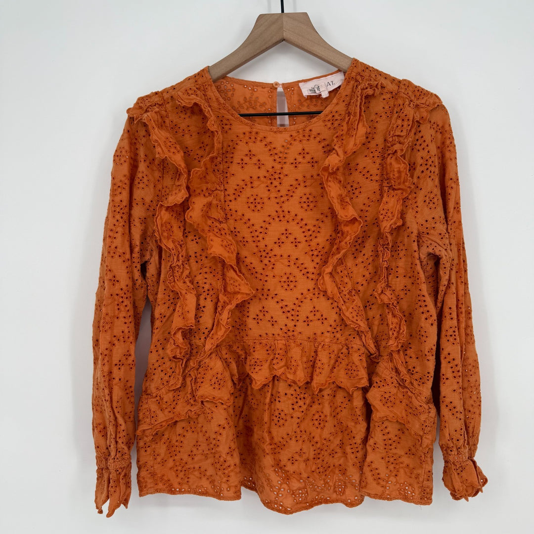 The Great Eyelet Ruffle Flutter Top Womens 3 Rust Orange Cotton Keyhole Back