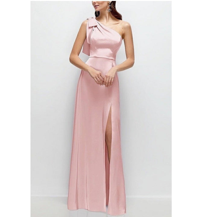 After Six Bow One-Shoulder Fluid Satin Maxi Dress With Full Skirt Size M