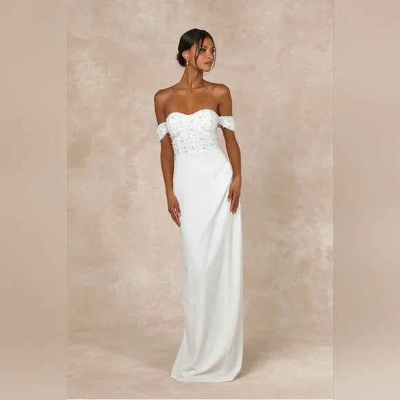 Lulus Immensely Charming White Mesh Pearl Bustier Maxi Dress Size L