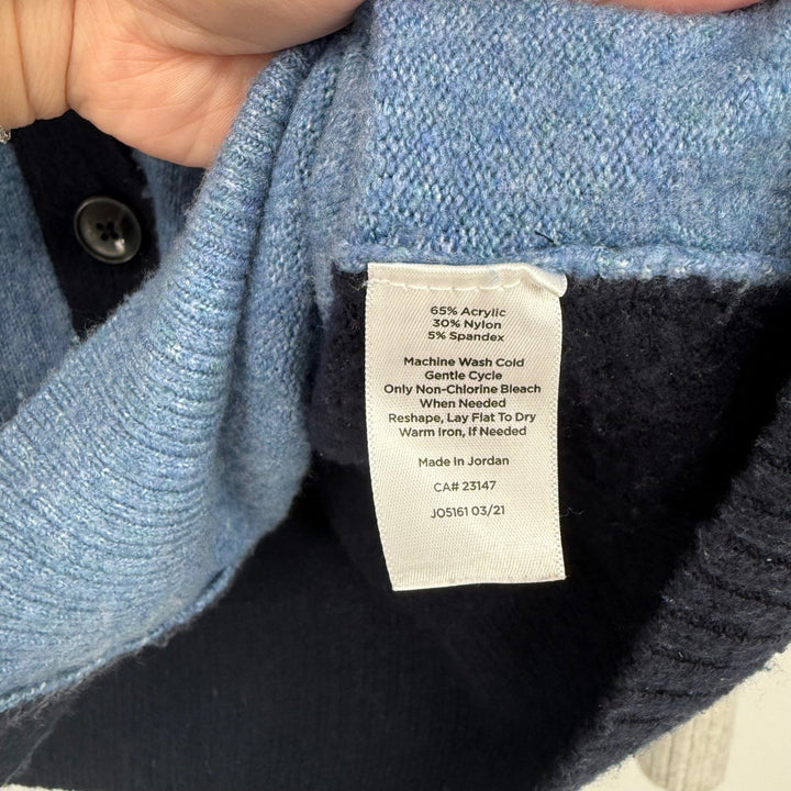 Talbots Color Block Cardigan Sweater Large Blue Gray Black Button Front Knit