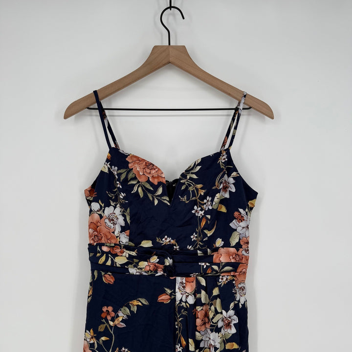 Lulus My Favorite Day Navy Blue Floral Print Tulip Skirt Midi Dress Size M