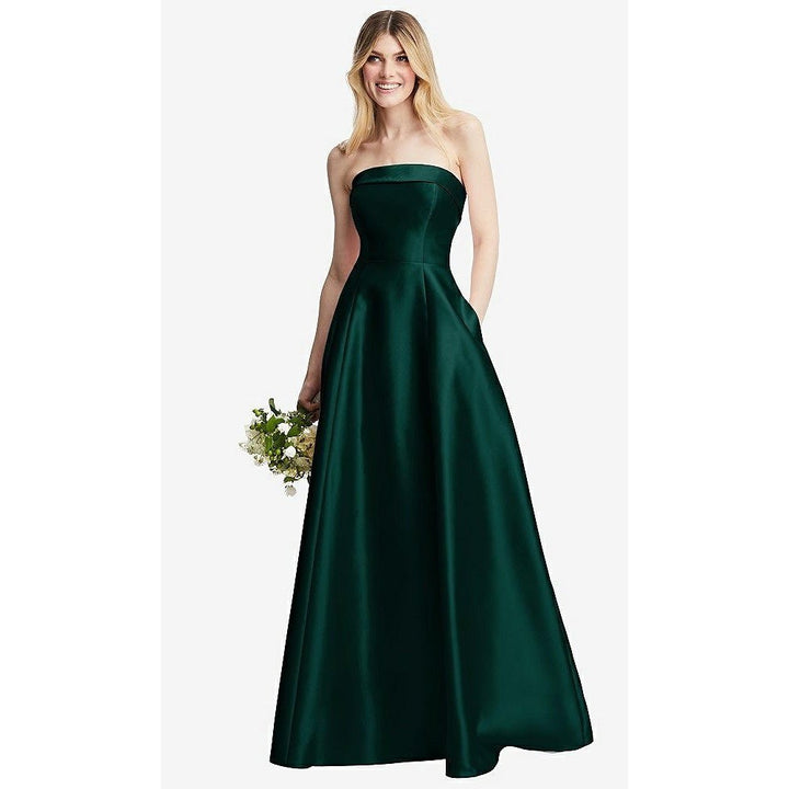 Alfred Sung Strapless Bias Cuff Bodice Satin Gown With Pockets In Evergreen