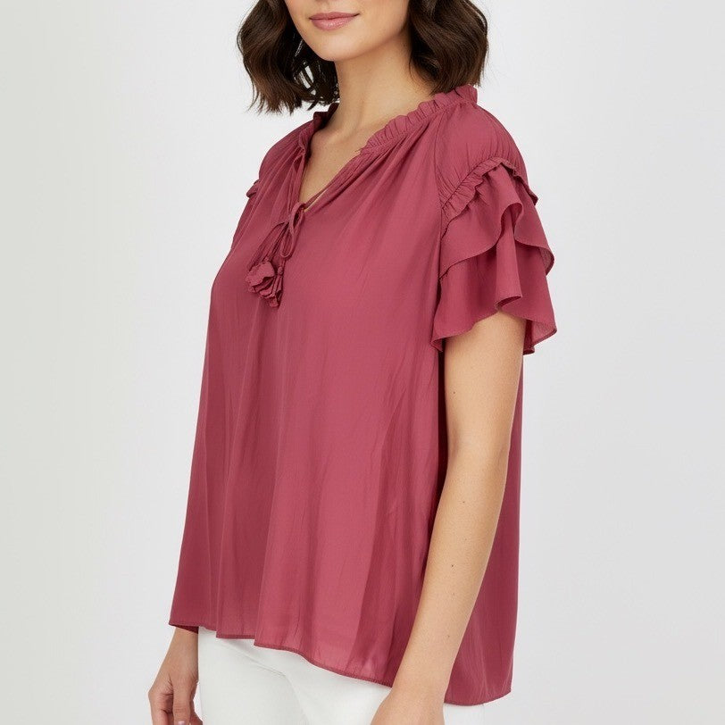 Rose Olive XL Pink Ruffle Sleeve Tie Neck Blouse Top Shirt Womens
