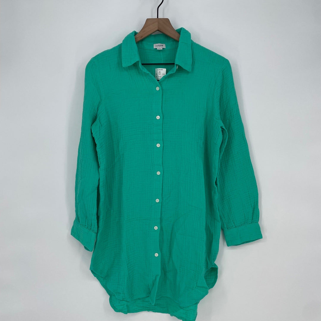 J Crew Gauze Shirt Tunic Emerald Green Long Sleeve Button Front Size S CH994