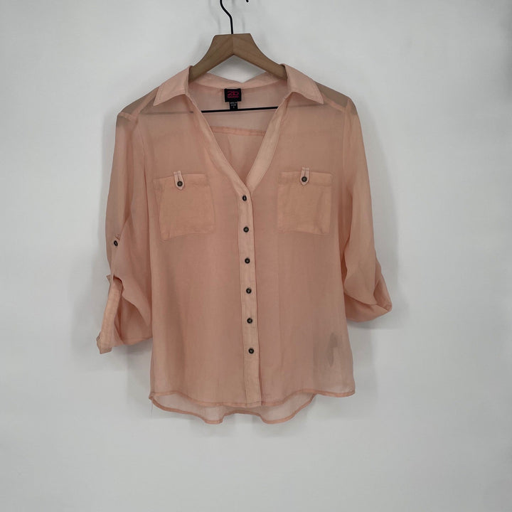 2b Bebe Sheer Peach Button Down Shirt Roll Tab Sleeves Pockets Size S