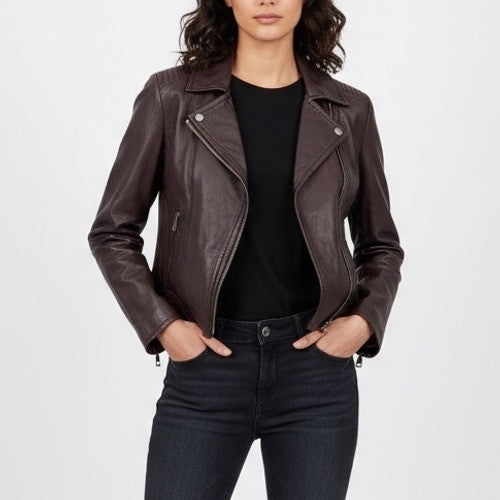 Weekend Max Mara Womens Leather Moto Jacket Burgundy Asymmetrical Zip Moto Style