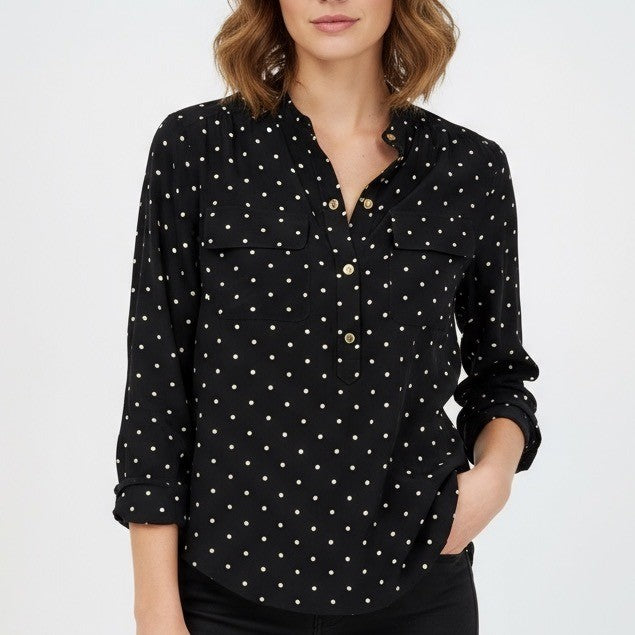Wonder Stripe Polka Dot Silk Band Collar Button Up Blouse XS Black