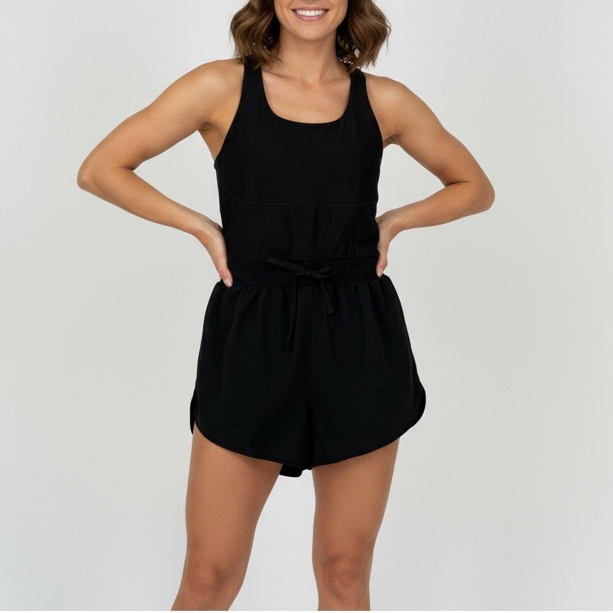 Fabletics Black Racerback Athletic Jumpsuit Romper Shorts Size M
