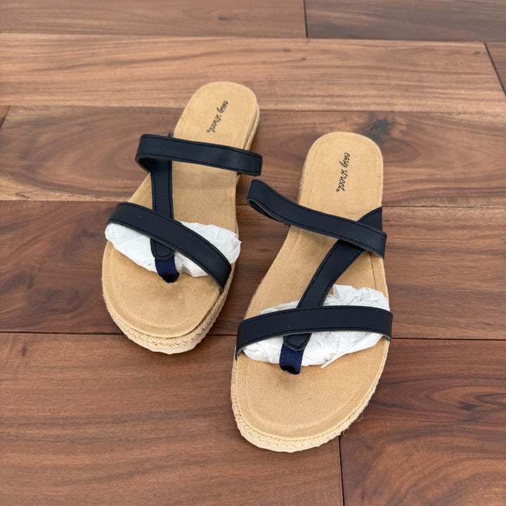 Easy Street Sandals Womens Size 9.5 N Navy Leather Song Slide Braided Slip On