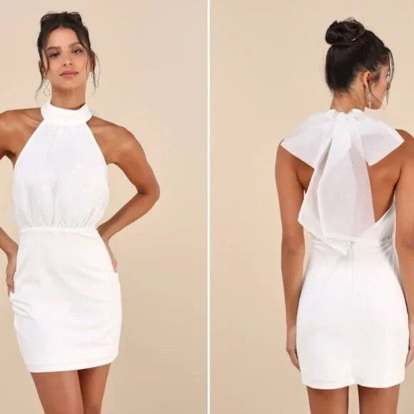 Lulus Simply Magnificent White Organza Halter Backless Mini Dress Size S