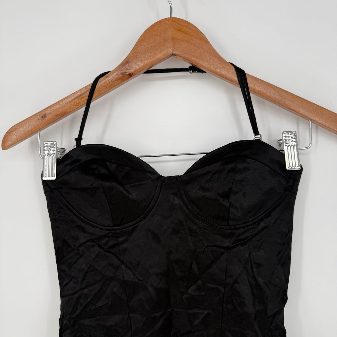 ZARA Black Satin Bustier Bodysuit Halter Neck Corset Style XS