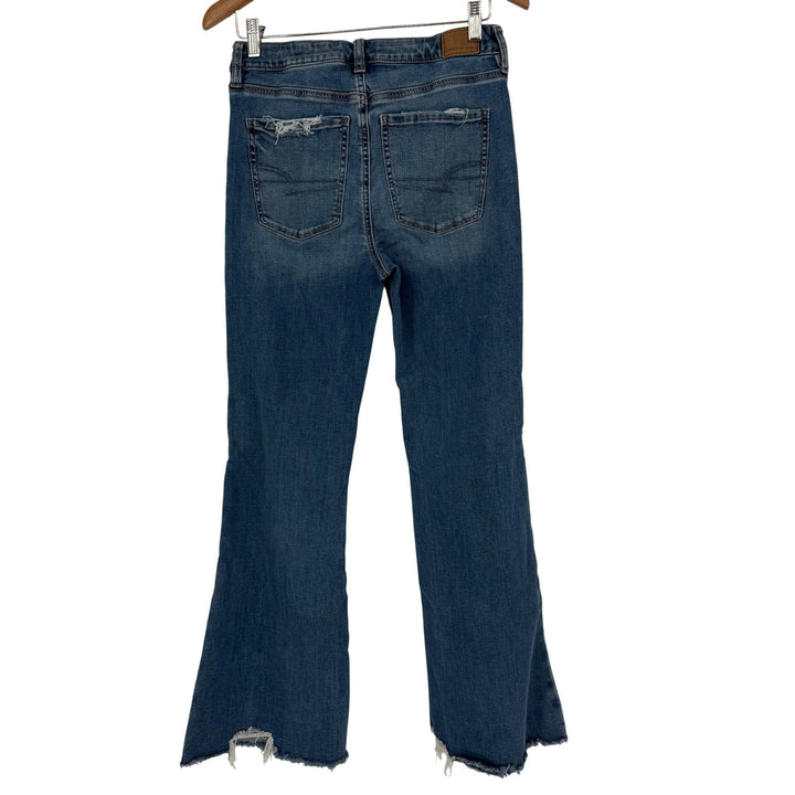 American Eagle Flared Distressed Jeans Blue Denim Next Level Stretch Size 4