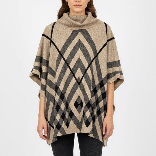 Bacciano Tan Plaid Turtleneck Poncho Cape Sweater Size M