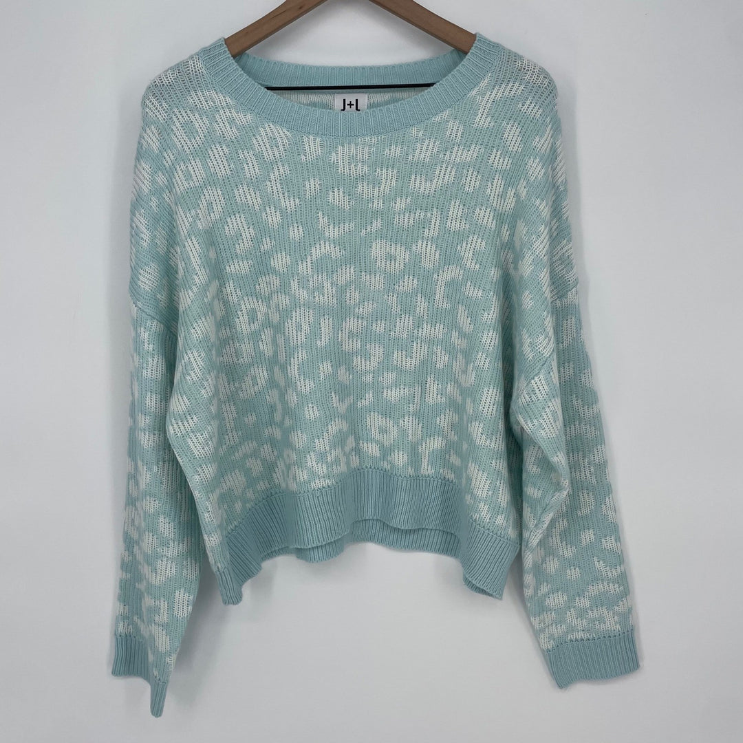 JOHN + JENN Leopard Print Crew Neck Sweater Light Blue White Long Sleeve Size L