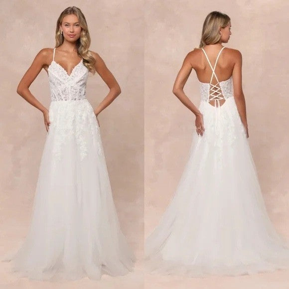 Lulus Glorious Luxury White Sheer Tulle Embroidered Beaded Maxi Dress Size XL