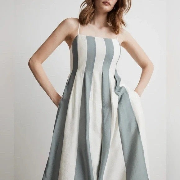 Madewell Pleated Midi Dress Linen Blend Overcast Size 0