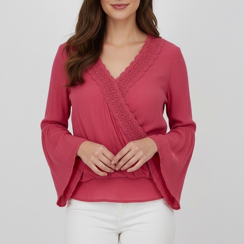 Eyeshadow Pink Crochet Trim Wrap V Neck Bell Sleeve Blouse Top Size S