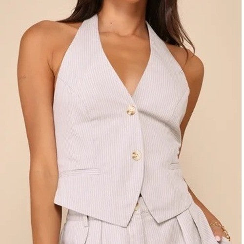 Lulus Posh Certainty Baige Pinstripe Linen Tie-Back Halter Vest Top Size S