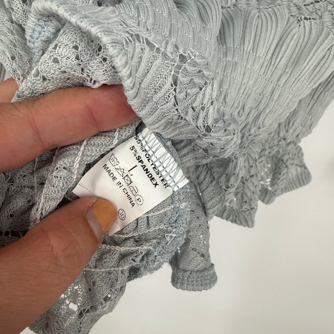 Womens Off Shoulder Smocked Lace Trimmed Blouse Long Sleeve Light Blue Size L