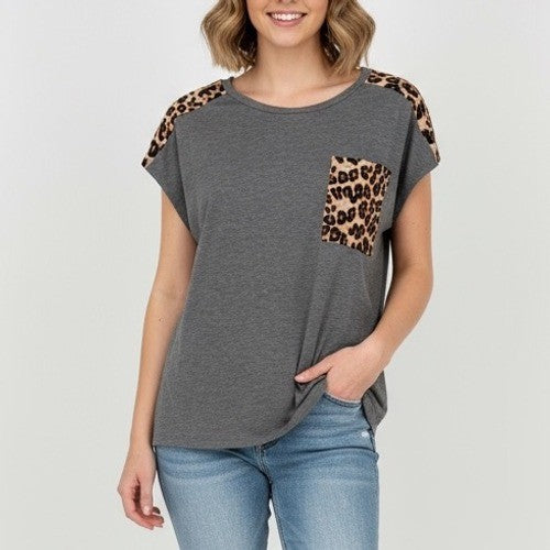 MIROL Women's Gray Leopard Pocket Cap Sleeve T-Shirt Top Size L