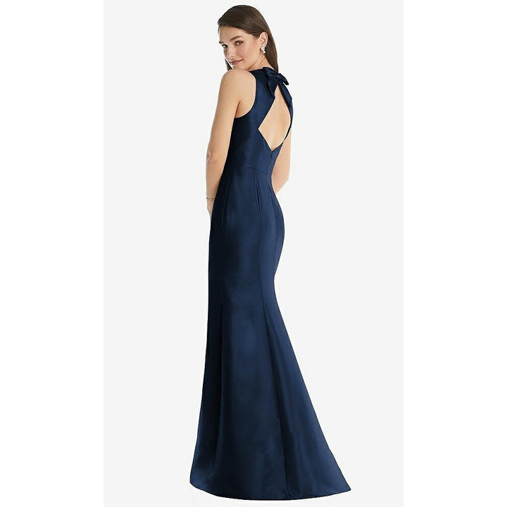 Alfred Sung Jewel Neck Bowed Open-Back Trumpet Dress With Front Slit Size 4