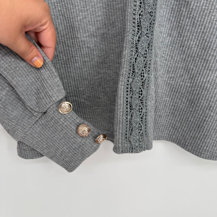Gray Ribbed Long Sleeve Lace Trim V-Neck Button Cuff Casual Top Women's L