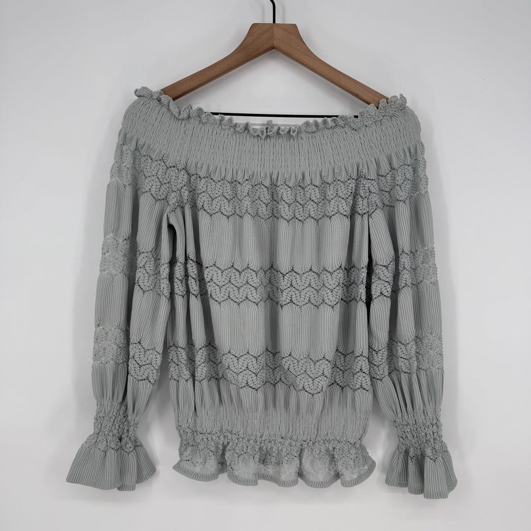 Womens Off Shoulder Smocked Lace Trimmed Blouse Long Sleeve Light Blue Size L