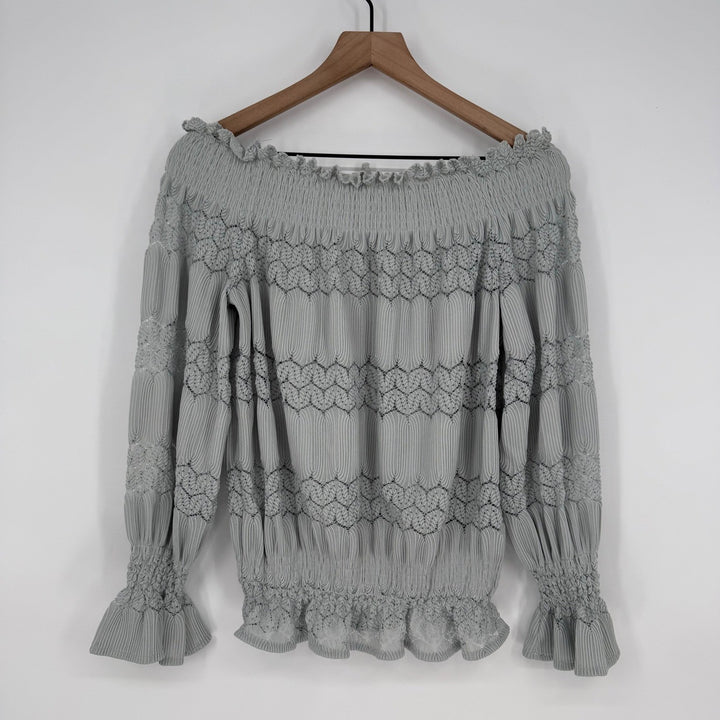 Womens Off Shoulder Smocked Lace Trimmed Blouse Long Sleeve Light Blue Size L