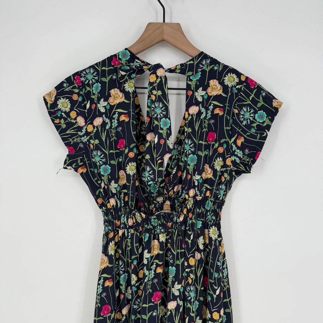 BETINA Floral Print Maxi Dress Deep V Neck Smocked Waist Tie Back Navy