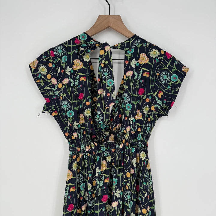 BETINA Floral Print Maxi Dress Deep V Neck Smocked Waist Tie Back Navy