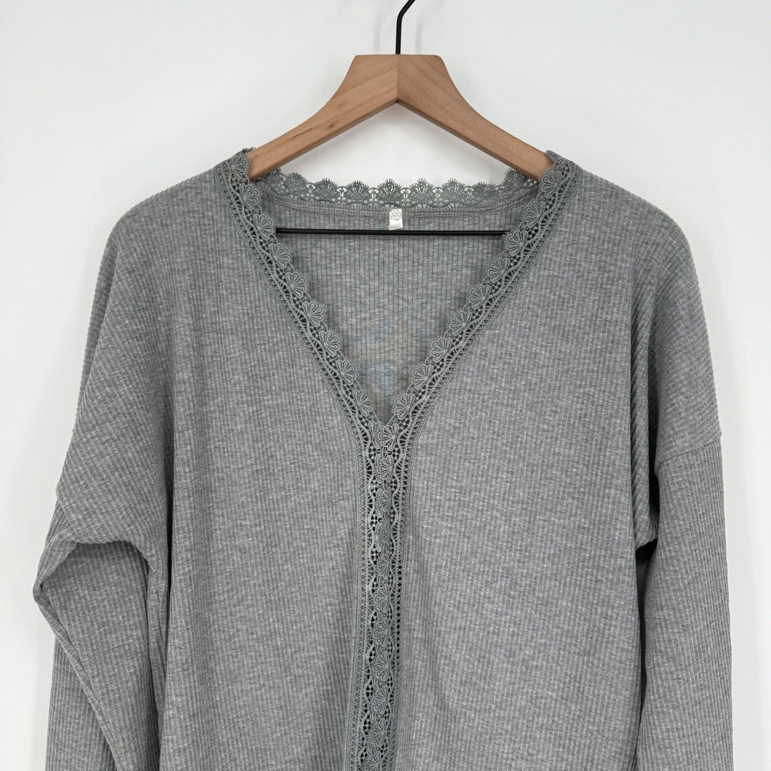 Gray Ribbed Long Sleeve Lace Trim V-Neck Button Cuff Casual Top Women's L