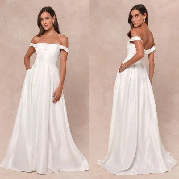 Lulus Extraordinary Vow White Off-The-Shoulder Maxi Dress With Pockets Size XL